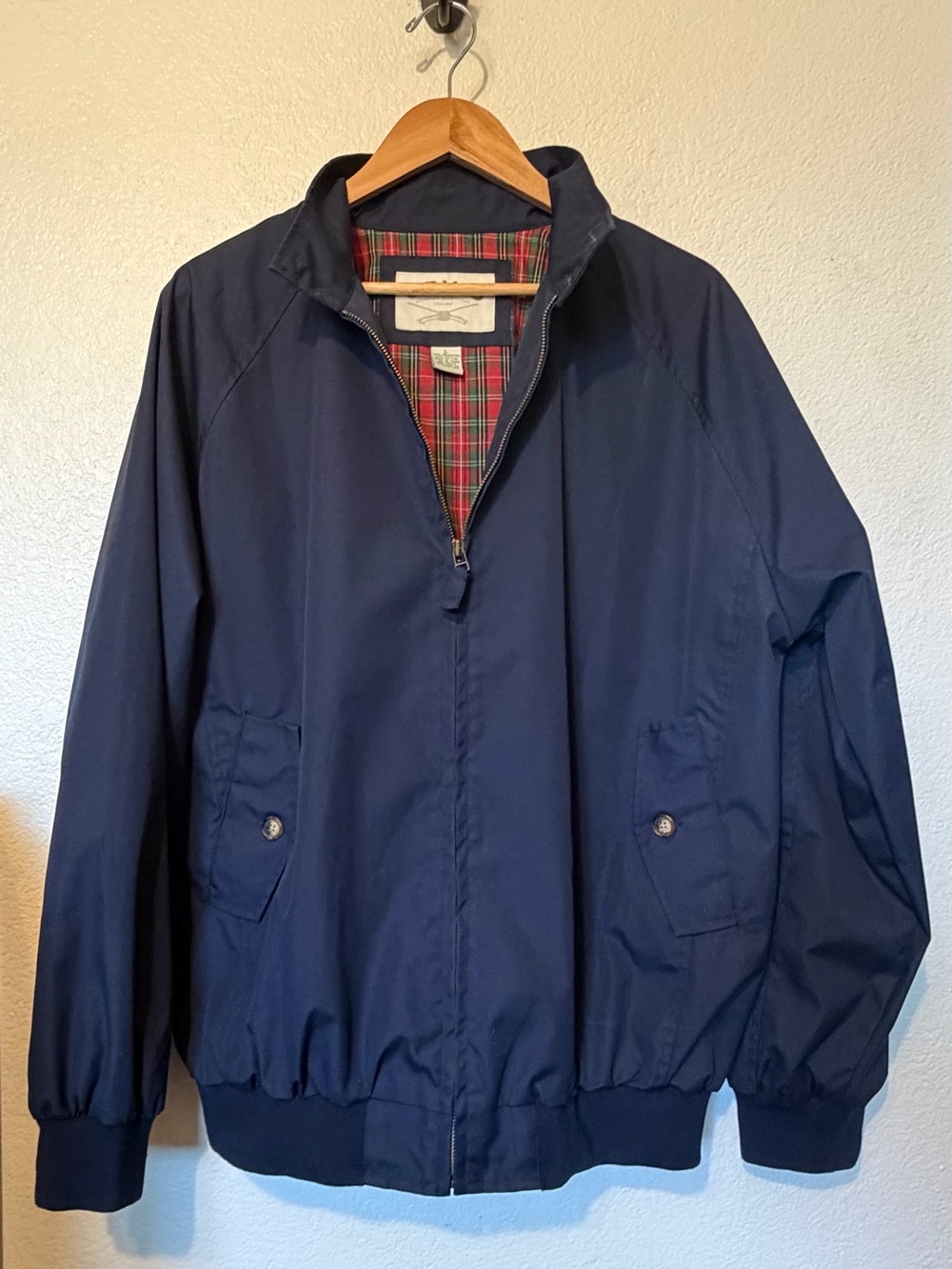 ORVIS Men's Harrington Jacket With Tartan Plaid Lining Size Large Navy Vintage